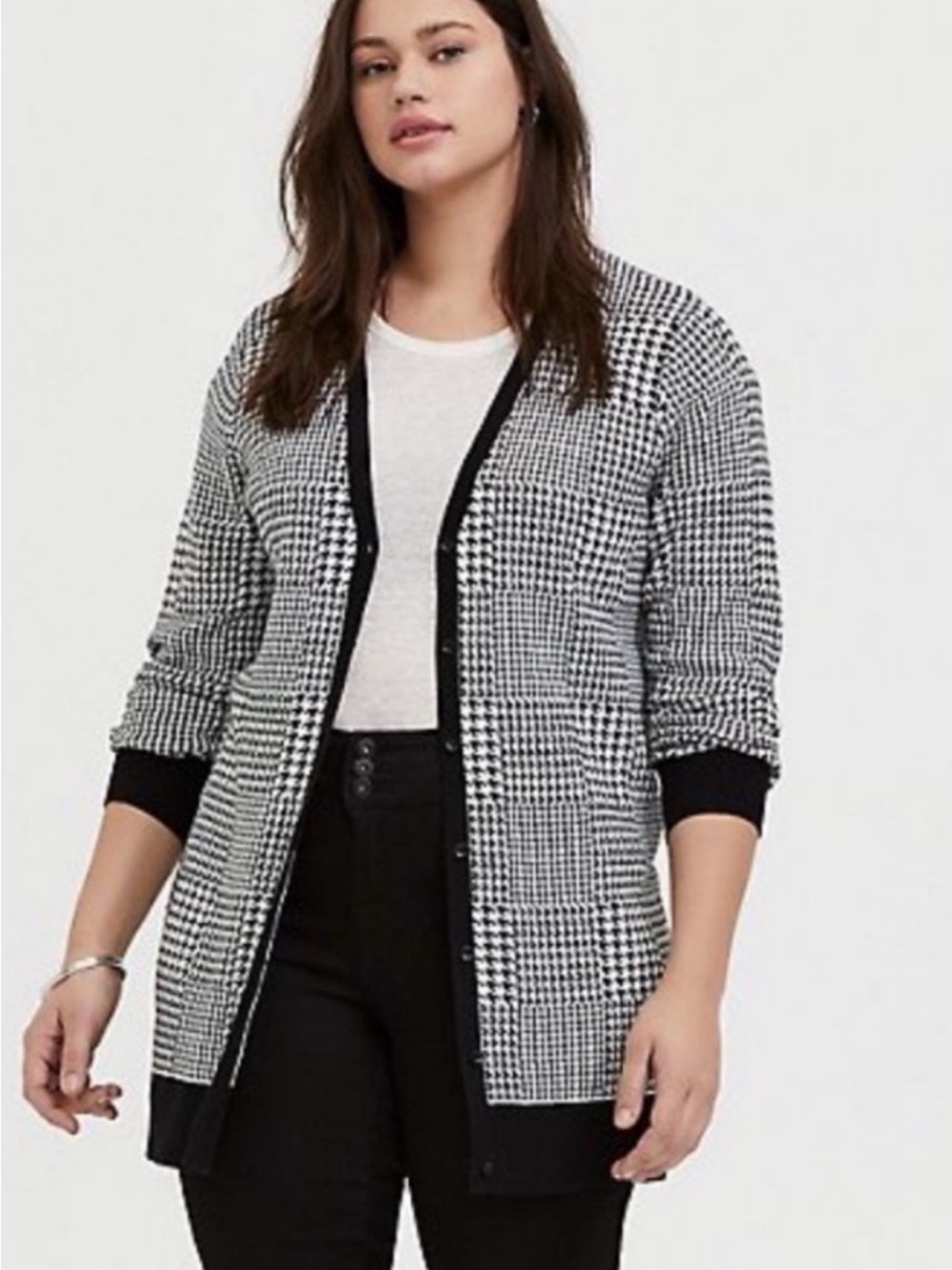 Torrid Cardigan Houndstooth Long Sweater V Front Black & White Women's Size